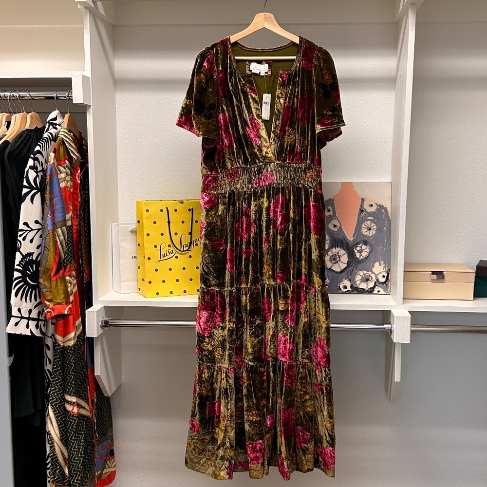 NWT Anthropologie Somerset Maxi Dress Velvet Edition Size XL Green Floral Motif
